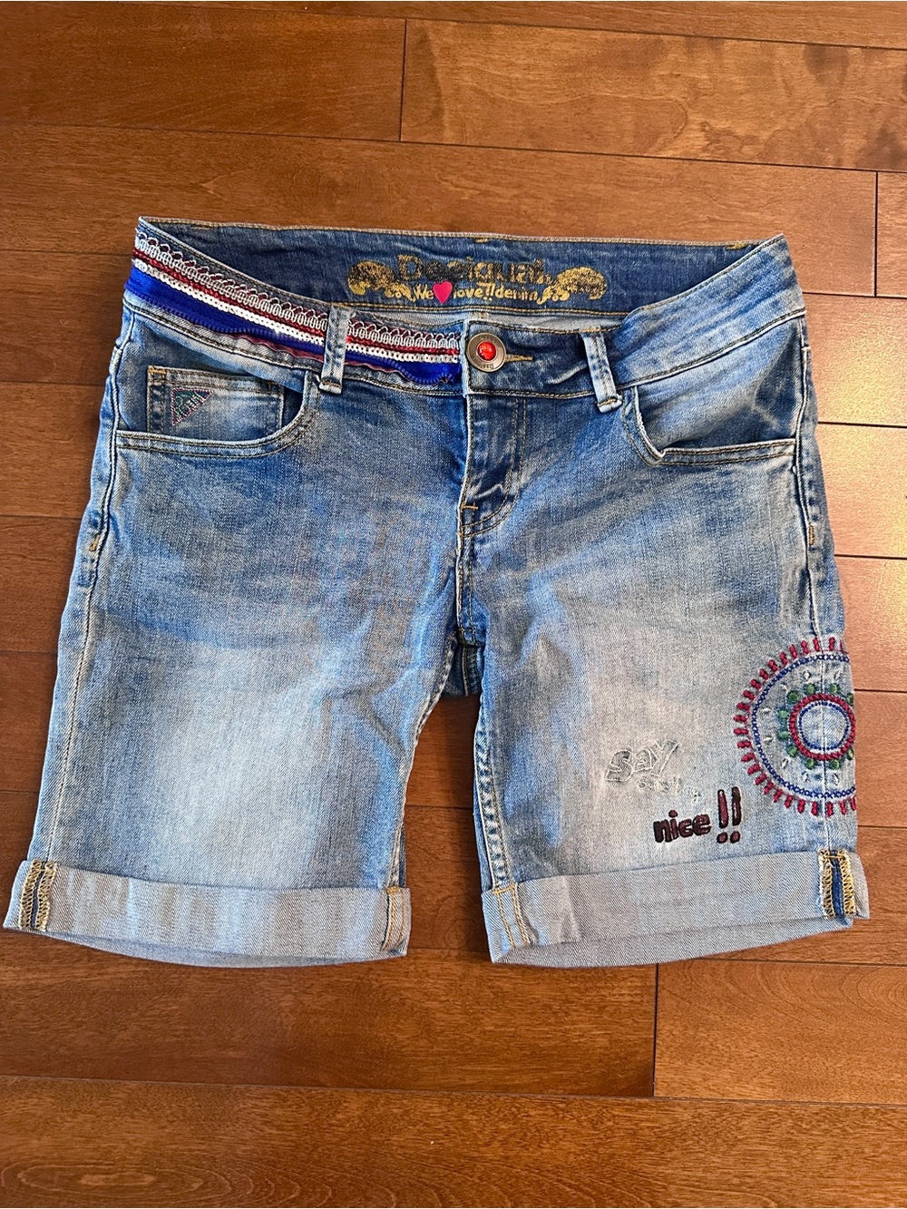 Desigual Light Blue Embroidered Denim Bermudas